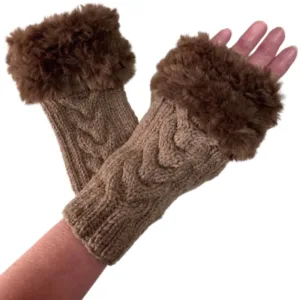 Women’s Faux Fur Fingerless Knitted Gloves | Warm Winter Hand Wrist Warmers | Soft, Stylish & Comfortable | Brown