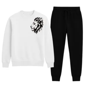 LION Printed White Tracksuit Sweatshirt & Trouser  | Warm & Comfortable Winter Wear | XL