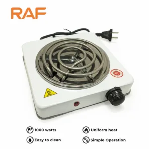 White RAF R.8010B Electric Stove Hot Plate and Cooker with 1000W Power, Thermostat, and Uniform Heating